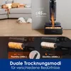 A collage showing a child and dog resting on a couch, a vacuum cleaner in use, and close-ups of the vacuum's drying modes. Produktbild-Vorschau