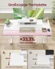 A white adjustable desk with multiple monitors, a laptop, and accessories, with marketing text highlighting its large surface area and productivity benefits. Produktbild-Vorschau