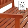 A close-up of a wooden garden bench with an FSC certification logo and German text. Náhled obrázku produktu