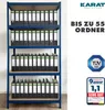 A blue metal shelving unit filled with black binders, with marketing text and logos on the right side. Anteprima dell’immagine prodotto