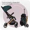 A stroller is shown in two states: unfolded and folded into a compact, trolley-like form. Text indicates it can be folded with one hand to a compact size. Produktbild-Vorschau