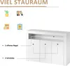 A white sideboard with three doors and an open shelf above, shown with icons representing storage options and text describing its features. Anteprima dell’immagine prodotto