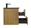 A side view of a bathroom vanity with a sink and faucet, showing two open drawers. Produktbild-Vorschau