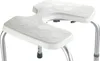 A close-up, studio shot of a white shower stool with a U-shaped seat and silver metal legs. Produktbild-Vorschau