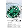 A close-up of a green CURREN watch with a silver band, set against a background with water splashes and text describing its waterproof capabilities. Produktbild-Vorschau