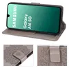A collage of images showing a Samsung Galaxy A16 5G phone in a gray wallet case, with close-ups of the case's embossed design. Produktbild-Vorschau