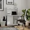 A white desk with a laptop, books, and a chair in a room. Produktbild-Vorschau