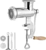 A chrome meat grinder with a wooden handle and various attachments is displayed against a white background. Náhľad obrázku produktu