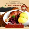 A plate of roasted goose with red cabbage and dumplings, with text and graphics overlayed. Voir les images du produit