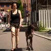 A woman walks her dog on a paved street. Produktbild-Vorschau