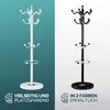 A split image showing two coat racks, one white and one black, against different colored backgrounds. Text overlays highlight features. Podgląd zdjęcia produktu