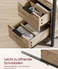 Close-up view of two open drawers of a nightstand, showing internal organizers and items, with a close-up of a drawer slide mechanism below. Produktbild-Vorschau
