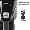 Close-up of a black vacuum cleaner with battery life indicators and mode selection buttons, next to marketing text about battery life. Produktbild-Vorschau