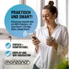 A woman is smiling while looking at her phone and holding a mug. Text overlays describe product features. Produktbild-Vorschau