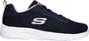 A side view of a navy blue Skechers sneaker with pink accents and a white sole. Produktbild-Vorschau