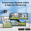 A Reolink security camera is shown alongside various devices displaying its interface, with promotional text at the top. Produktbild-Vorschau
