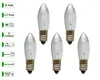 Five clear, candle-shaped light bulbs with gold bases are arranged on a white background, with descriptive text labels on the left. Produktbild-Vorschau