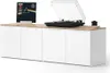 A white sideboard with a wooden top, featuring a record player and a vinyl record. Náhled obrázku produktu