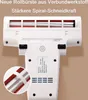 Close-up view of the brush head and underside of a white handheld vacuum cleaner, with text overlays. Produktbild-Vorschau
