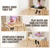 A collage of three images showing a child interacting with a sensory table, highlighting its features. Voir les images du produit