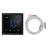 A black thermostat with a digital display and a coiled white wire with a red connector are shown against a white background. Voir les images du produit