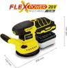 A yellow and black cordless orbital sander with a battery pack attached, shown with dimension lines and text overlays. Produktbild-Vorschau
