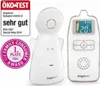 A white Angelcare baby monitor set, including a parent unit and a baby unit, with various award badges and text overlays. Produktbild-Vorschau