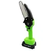 A cordless mini chainsaw with a green handle and battery pack, and a silver chain and bar, is shown against a white background. Produktbild-Vorschau