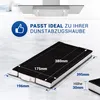 A kitchen appliance (hood) and a charcoal filter with dimensions indicated. Produktbild-Vorschau