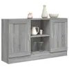 A gray wooden sideboard with two cabinets and a central open shelf. Voir les images du produit
