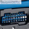 A close-up view of a set of screwdriver bits and adapters organized in a blue holder within a tool case. Podgląd zdjęcia produktu