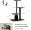 A diagram showing the dimensions of a cat tree, with a silhouette of a person for scale, and a separate image of a cat. Anteprima dell’immagine prodotto