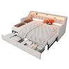 A beige sofa bed extended to reveal a mattress and storage drawers underneath, with a light strip above the headboard. Voir les images du produit
