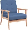A blue fabric armchair with wooden legs and armrests, shown from a three-quarter angle against a white background. Podgląd zdjęcia produktu