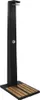 A black outdoor shower with a wooden base against a white background. Produktbild-Vorschau