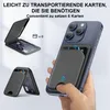A collage of images showing a magnetic wallet for a smartphone, with text describing its features. Produktbild-Vorschau