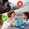 A split image showing a child playing on a phone (marked with a red X) and a mother and daughter playing a board game (marked with a green checkmark). Produktbild-Vorschau