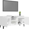 A white TV stand with black legs is shown against a white background, with a television mounted above it. Produktbild-Vorschau