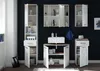 A bathroom vanity set with a sink, cabinets, and a tall storage unit against a dark blue wall. Produktbild-Vorschau