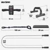 A flat lay image displaying various fitness accessories with dimensions indicated by measurement lines and text. Produktbild-Vorschau