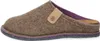 A side view of a brown felt slipper with a purple lining and a small tan strap with a logo. Produktbild-Vorschau