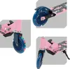 Collage of close-up shots of a pink scooter with blue wheels and unicorn graphics. Produktbild-Vorschau