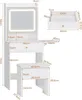 A diagram showing the dimensions of a white vanity table and stool set. Voir les images du produit