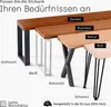 A display of different bench options with various wood finishes and leg styles, labeled with their characteristics. Produktbild-Vorschau