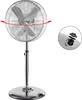 A chrome stand fan is shown against a white background, with a close-up inset of its control knob. Podgląd zdjęcia produktu