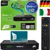 A collage of a DIGIQuest Classic Ti9 Full HD Sat-Receiver, its remote control, a Tivusat smartcard, and packaging with flags and product information. Produktbild-Vorschau