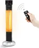 A hand holding a remote control is shown pointing towards a tall, black and silver infrared heater with glowing orange heating elements. Produktbild-Vorschau