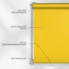 A close-up view of a yellow roller blind, with labels pointing out its features. Produktbild-Vorschau