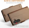 A brown leather phone case is shown with text highlighting its features. Produktbild-Vorschau
