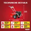 A marketing image showing a rototiller with technical specifications overlaid. Produktbild-Vorschau